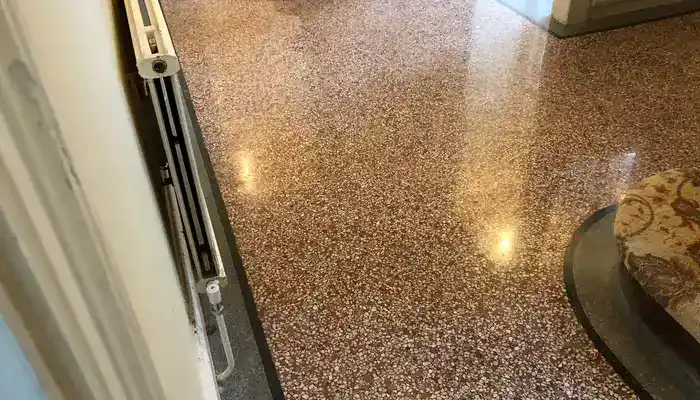 Restored terrazzo floor in everyday use in a UK home