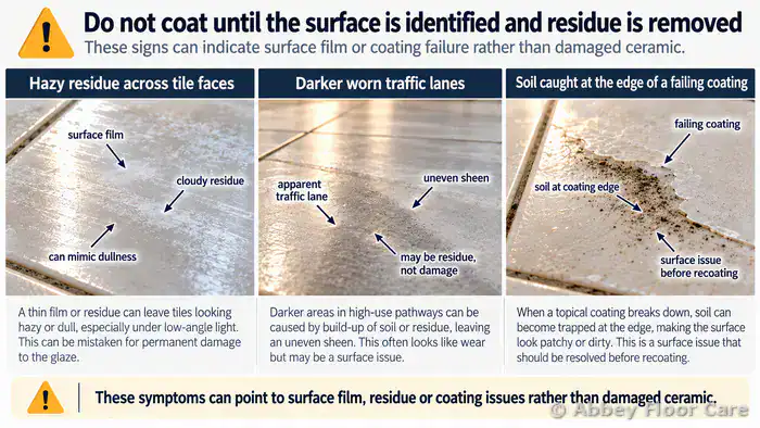 Ceramic tiles with patchy, peeling and cloudy coating residue