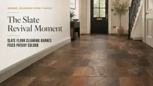 Slate case study — floor looks patchy and uneven after previous sealing attempt went wrong in Barnes, Richmond Upon Thames