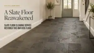 Slate case study — tiles heavily soiled and visually flat with much of their original definition lost in Matlock, Derbyshire
