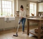 lady vacuuming a travertine floor