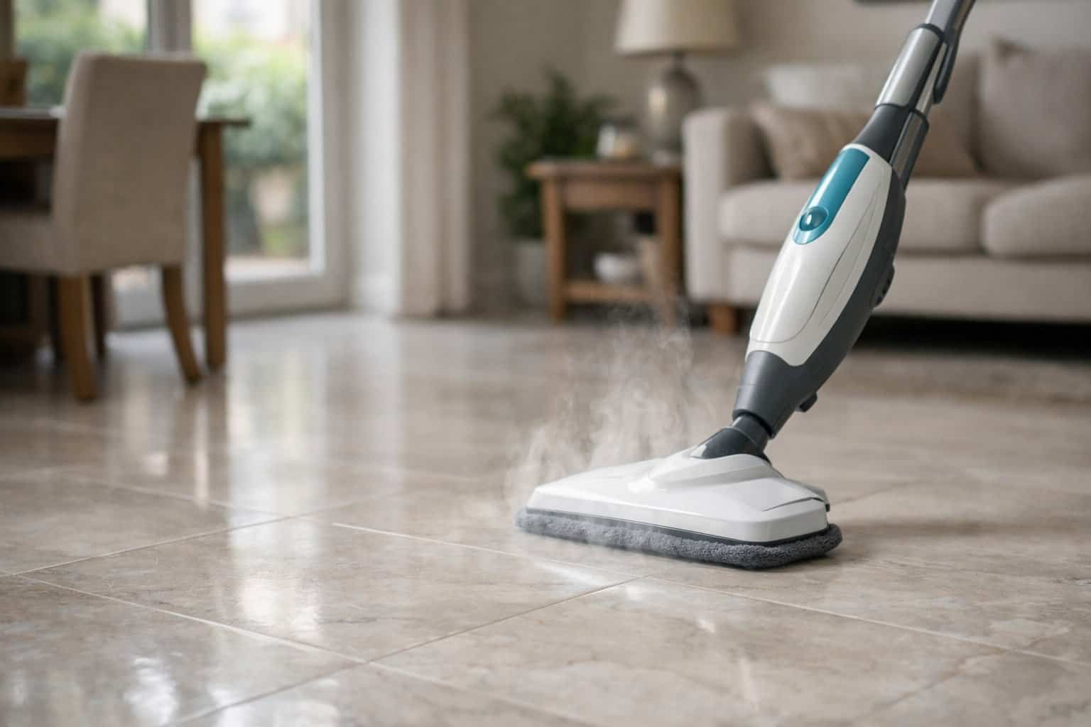 Steam mop held just above a marble floor, showing uncertainty about whether steam cleaning is suitable