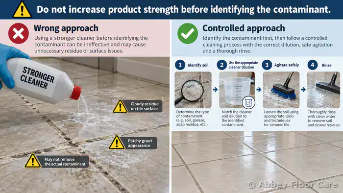 Warning against using stronger cleaners without identifying soil