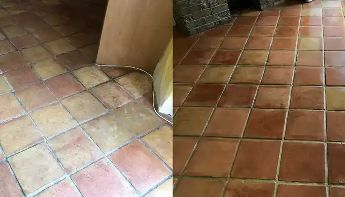 Terracotta floor before and after deep cleaning showing removal of old sealers and built-up dirt