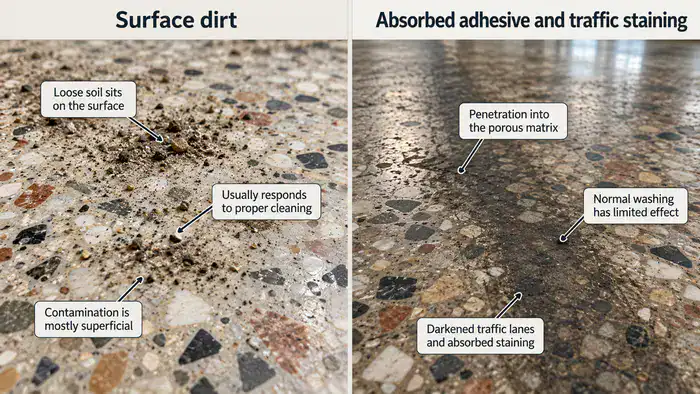 Comparison of surface dirt and absorbed terrazzo adhesive staining