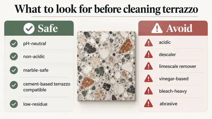 Safe and unsafe cleaner characteristics for terrazzo floors