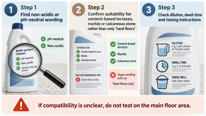 Three checks for terrazzo cleaner label compatibility