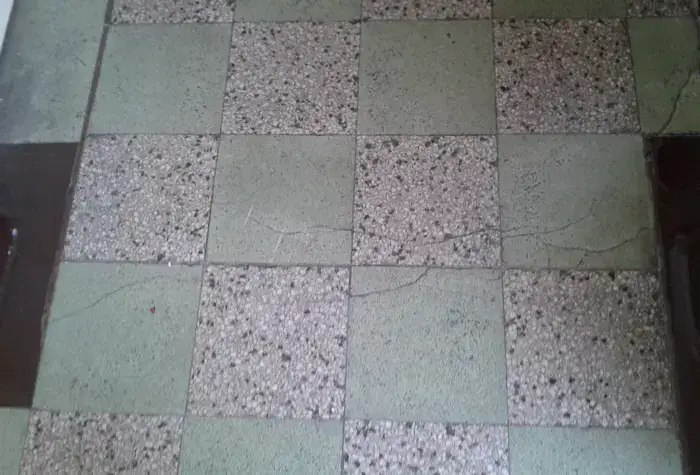 Terrazzo floor showing dull etched patches and traffic lanes