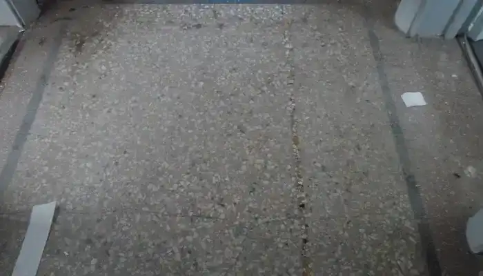 Adhesive staining and surface dullness in an aged cement-matrix terrazzo floor.