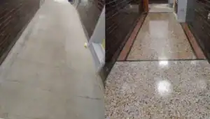 Restored cement-matrix terrazzo floor in Chesterfield following grinding, honing, and sealing.