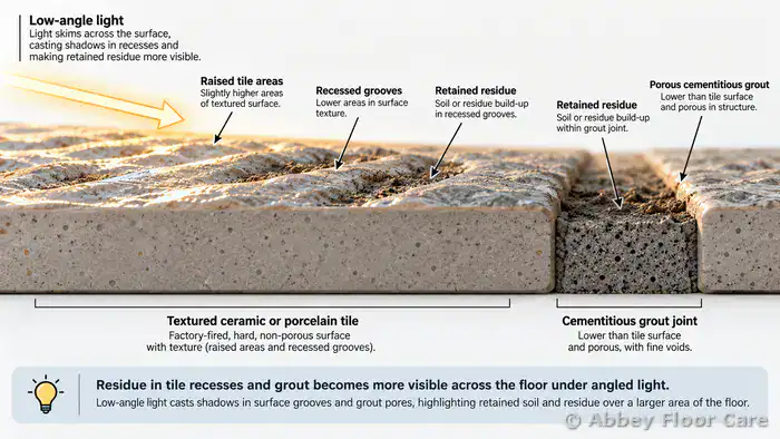 Textured tile grooves and porous grout retaining residue