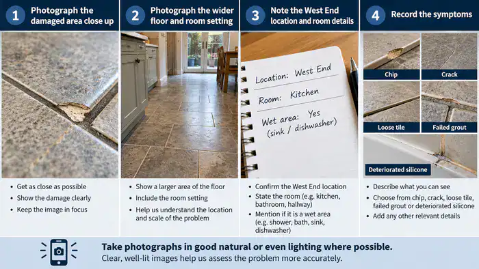 Checklist for recording ceramic tile damage before requesting repair