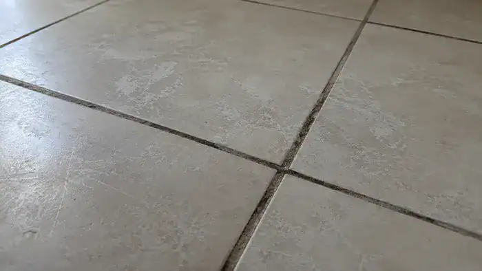 Ceramic floor showing tile residue and dark grout