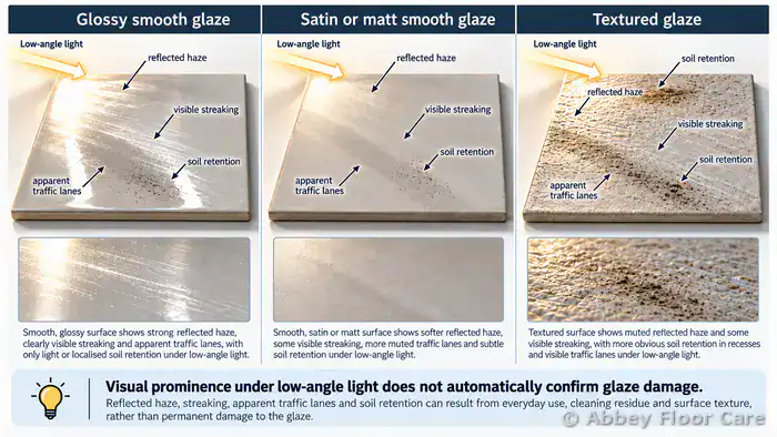 Smooth and textured tile finishes under angled light