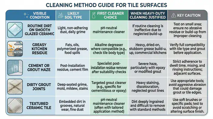 Table matching ceramic tile soils with appropriate cleaner types