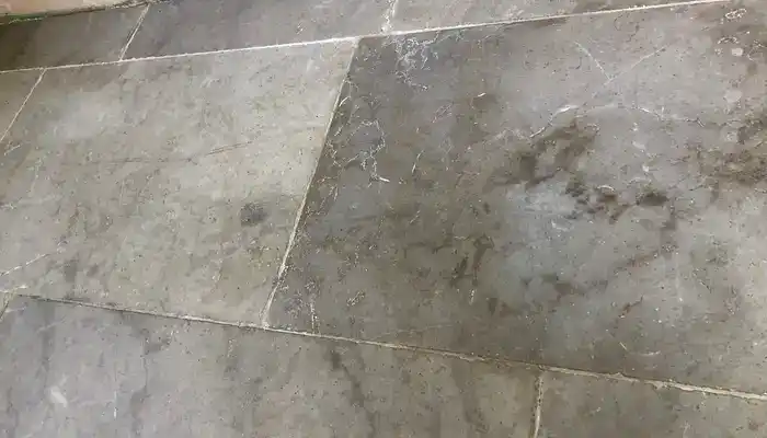 soiled limestone tiles with damaged sealer