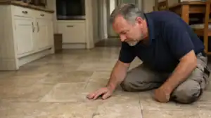 Tumbled travertine floor in Rhyl after restoration work