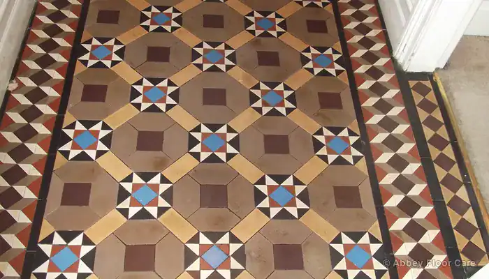 Victorian clay geometric tile hallway in Blyth after breathable protective sealing