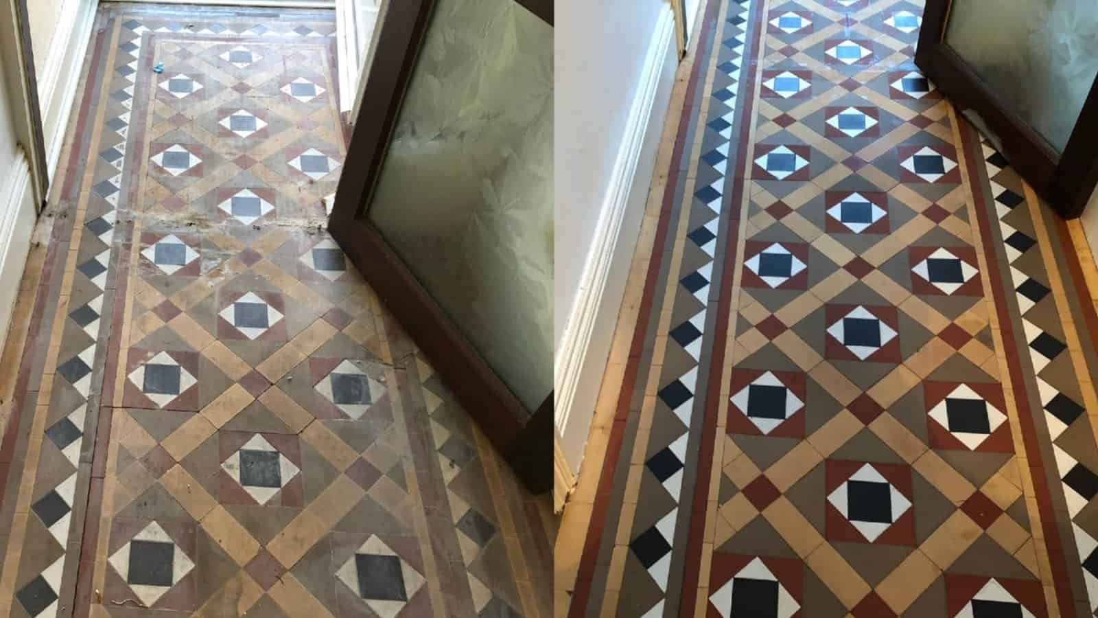 Professional restoration of a Minton tile hallway before and after deep cleaning and sealing